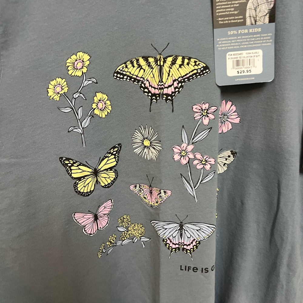 Life Is Good crusher Women’s Slate Blue Gray collection butterflies Tee shirt L - Picture 2 of 10